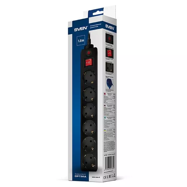 Surge Protector  6 Sockets, 1.8m, Sven Optima, BLACK, Retail pack, flame-retardant material