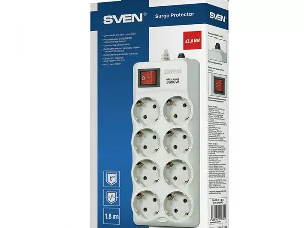 Surge Protector  8 Sockets, 1.8m, Sven "SF-08-16", Grey, flame-retardant material