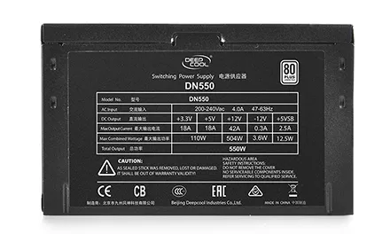 PSU DEEPCOOL "DN550 New version", 550W, ATX 2.31, 80 PLUS®, Active PFC, 120mm fan with PWM, +12V (42A), 20+4 Pin, 1xEPS(4+4Pin), 5x SATA, 2xPCI-E(6+2p