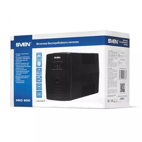 SVEN Pro 600, Line-interactive UPS with AVR, 600VA /360W, 2x Schuko outlets, 1x7AH, AVR: 175-280V, C