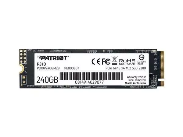 M.2 NVMe SSD  240GB Patriot P310, Interface: PCIe3.0 x4 / NVMe 1.3, M2 Type 2280 form factor, Sequential Read 1700 MB/s, Sequential Write 1000 MB/s, R