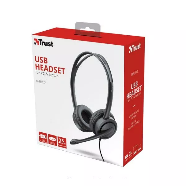 Trust Mauro USB Headset, with Microphone, Inline remote control, mute switch for microphone and head