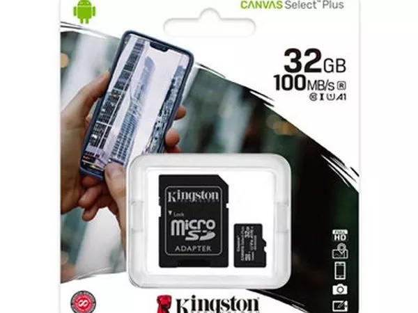 32GB microSD Class10 A1 UHS-I + SD adapter  Kingston Canvas Select Plus, 600x, Up to: 100MB/s