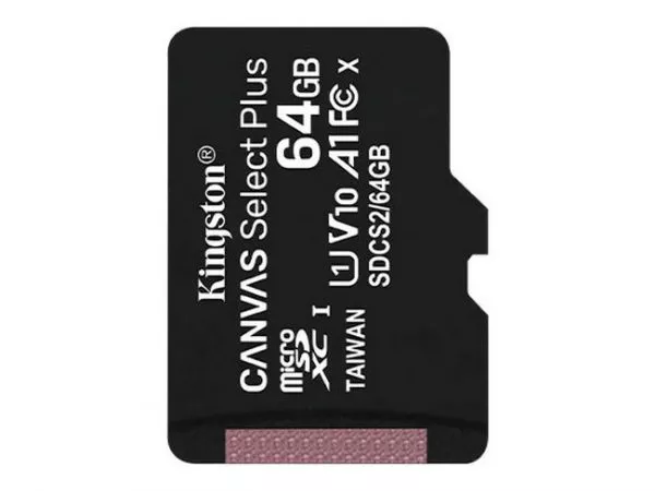 64GB microSD Class10 A1 UHS-I + SD adapter  Kingston Canvas Select Plus, 600x, Up to: 100MB/s