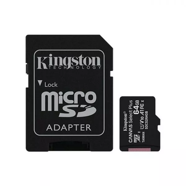64GB microSD Class10 A1 UHS-I + SD adapter  Kingston Canvas Select Plus, 600x, Up to: 100MB/s
