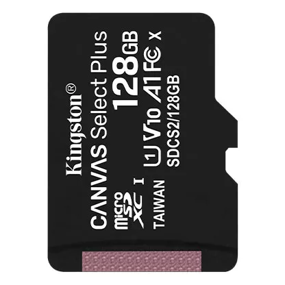 128GB microSD Class10 A1 UHS-I + SD adapter  Kingston Canvas Select Plus, 600x, Up to: 100MB/s