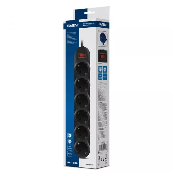 Surge Protector  6 Sockets, 1.8m, Sven "SF-06L", BLACK, Retail color box, flame-retardant