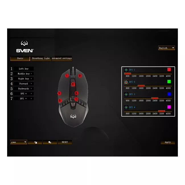 SVEN RX-G810 Gaming, Optical Mouse, 800-4000 dpi, 6+1 buttons (scroll wheel),  DPI switching modes,