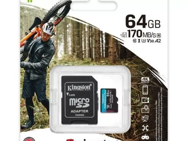 64GB microSD Class10 UHS-I U3 (V30) Kingston Canvas Cangas Go Plus (SDCG3/64GB), Ultimate, Read: 170Mb/s, Write: 70Mb/s, Ideal for Android mobile devi