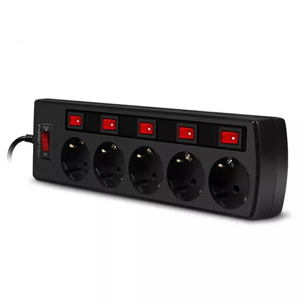 Surge Protector  5 Sockets, 1.8m,  Sven "SF-05PL", BLACK, individual switches, flame-retardant