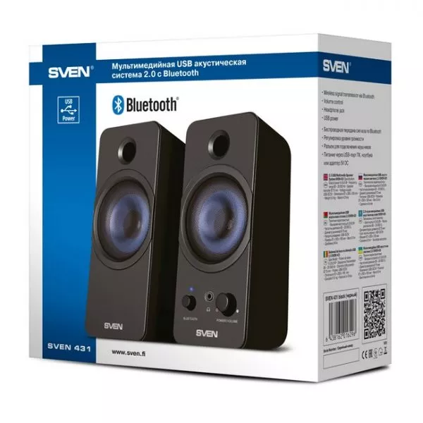 Speakers SVEN 431 Black (USB), 2.0 / 2x3W RMS, Bluetooth, USB or 5V DC power supply, headphone jack,