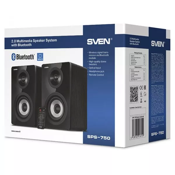 SVEN SPS-750 Black, 2.0 / 2x25W RMS, Bluetooth, Optical input, remote control, headphone jack, gloss