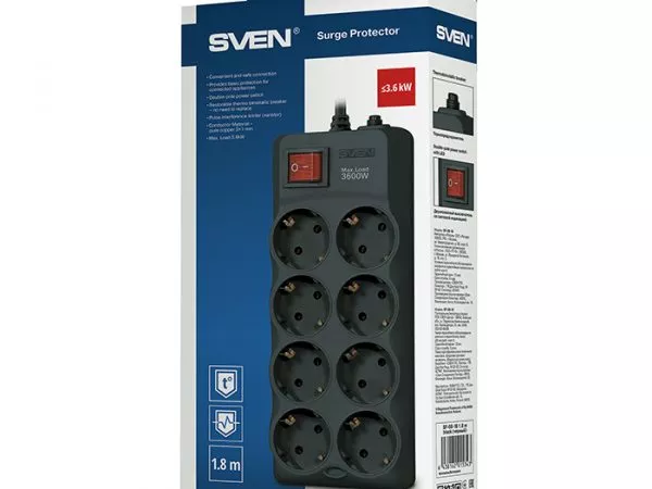 Surge Protector  8 Sockets, 1.8m, Sven "SF-08-16", Black, flame-retardant material