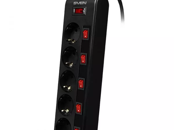 Surge Protector  5 Sockets, 3.0m,   Sven "SF-05PL", BLACK, individual switches, flame-retardant