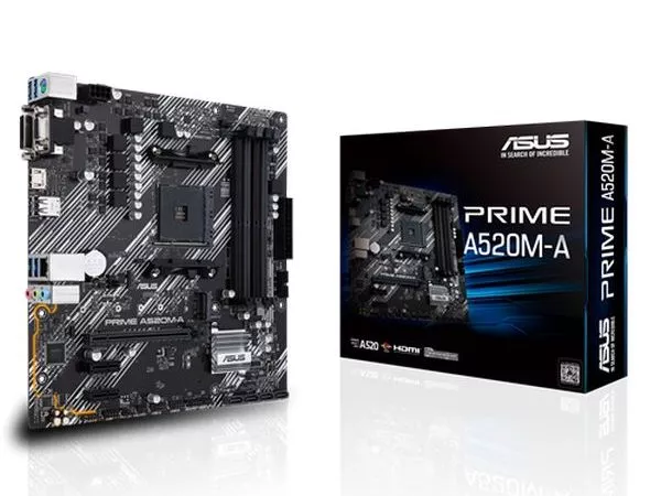 ASUS PRIME A520M-A, Socket AM4, AMD A520, Dual 4xDDR4-4800, APU AMD graphics, VGA, DVI, HDMI, 1xPCIe X16, 4xSATA3, RAID, 1x M.2 slot, 2xPCIe X1, ALC88