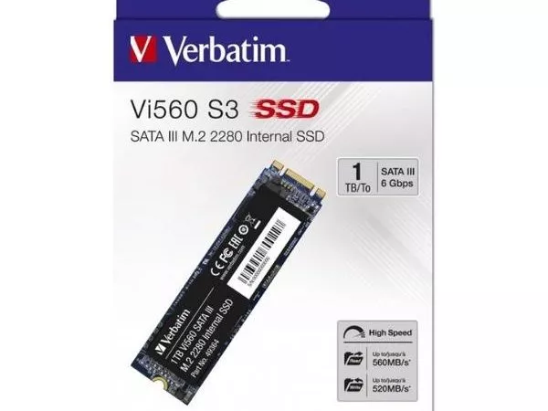 M.2 SATA SSD 1.0TB  Verbatim Vi560 S3, SATA 6Gb/s, M.2 Type 2280 form factor, Sequential Reads: 560 MB/s, Sequential Writes: 520 MB/s, Max Random 4k: