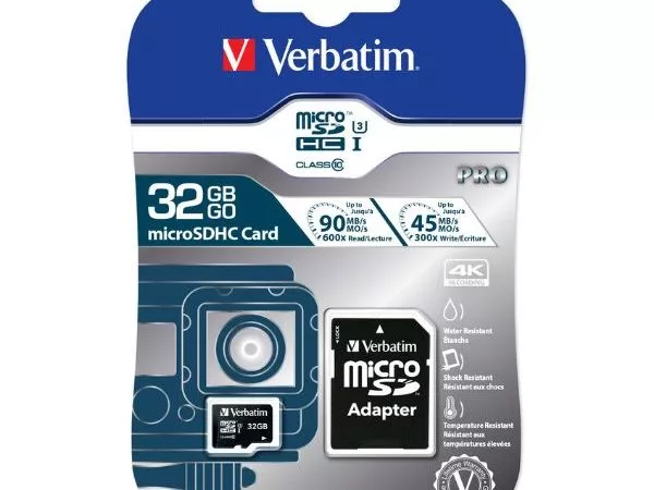 64GB microSD Class10 U3 UHS-I V30 + SD Adapter  Verbatim Pro U3 microSDXC, 600x, Read up to: 90MB/s, Write up to: 45MB/s