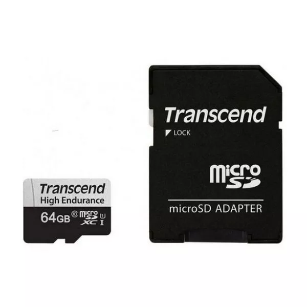 64GB MicroSD (Class 10) UHS-I (U1),+SD adapter, Transcend "TS64GUSD350V" (R/W:95/45MB/s, Endurance)