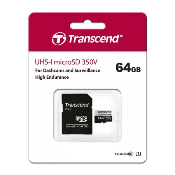 64GB MicroSD (Class 10) UHS-I (U1),+SD adapter, Transcend "TS64GUSD350V" (R/W:95/45MB/s, Endurance)