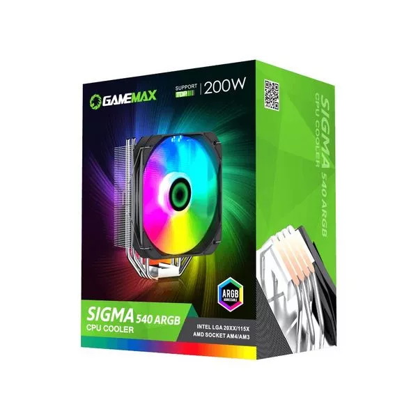 AC Gamemax "Sigma 540 ARGB" (18-26.3dBA, 800-1600RPM, 38-81CFM, 130mm, PWM, RGB, 4x6mm, 200W, 700g.)