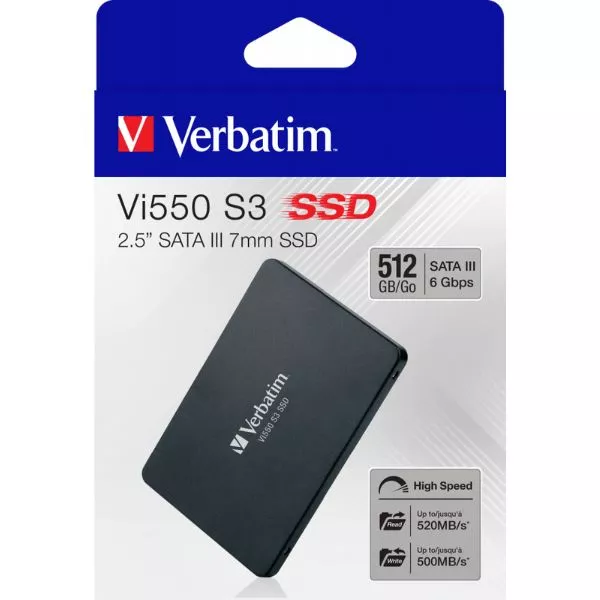 2.5" SSD  512GB  Verbatim VI550 S3, SATAIII, Sequential Reads: 560 MB/s, Sequential Writes: 535 MB/s, Maximum Random 4k: Read: 75,000 IOPS / Write: 86
