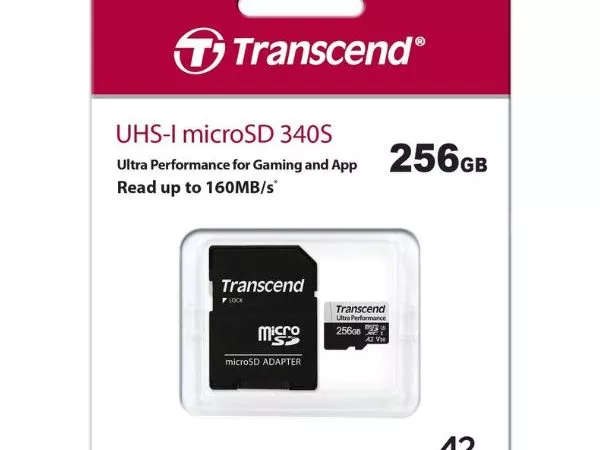 256GB MicroSD (Class 10) UHS-I (U3),+SD adapter, Transcend TS256GUSD340S (V30, A2, R/W:160/125MB/s)