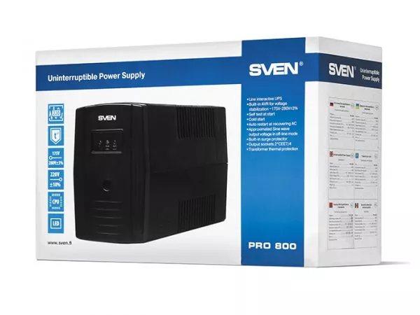 SVEN Pro 800 Line Interactive, AVR, CPU,USB, 2xCEE7/4, 1xСЕЕ7/7, Lightning and Surge Protection