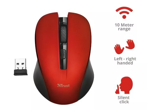 Trust Mydo Red Wireless Mouse, Silent Click, 10m  2.4GHz, Micro receiver, 1000 - 1800 dpi, 4 button,