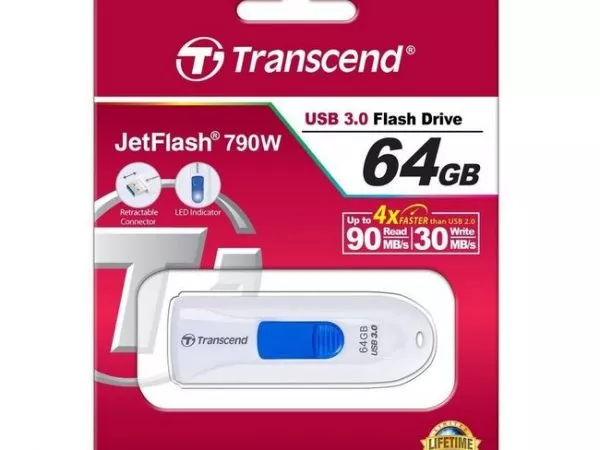 64GB USB3.1 Flash Drive Transcend "JetFlash 790", White, Slider (R/W:90/30MB/s)