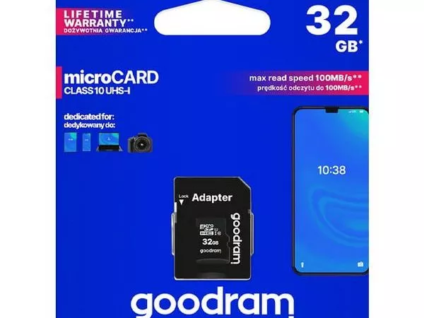 32GB  GoodRAM micro SDHC Class10 UHS-I + SD adapter, Up to: 100MB/s