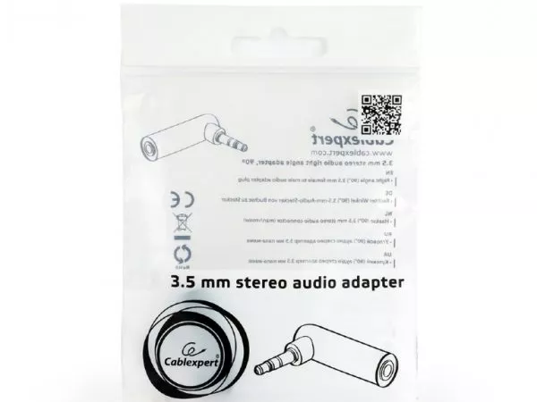 Audio stereo adapter 3.5 mm, angled 90 °, 3-pin M to 3-pin F, Cablexpert, A-3.5M-3.5FL