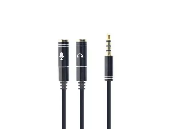 CCA-417M 3.5 mm 4-pin plug to 3.5 mm stereo + microphone sockets adapter cable, 20cm, Black
