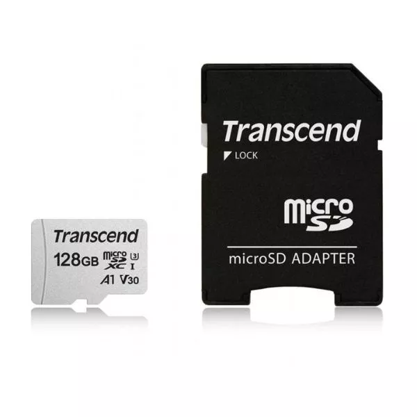 128Gb MicroSD (Class 10) UHS-I (U1)+SD adapter, Transcend "TS128GUSD300S" (R/W:95/45MB/s)