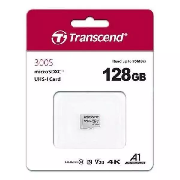 128Gb MicroSD (Class 10) UHS-I (U1)+SD adapter, Transcend "TS128GUSD300S" (R/W:95/45MB/s)