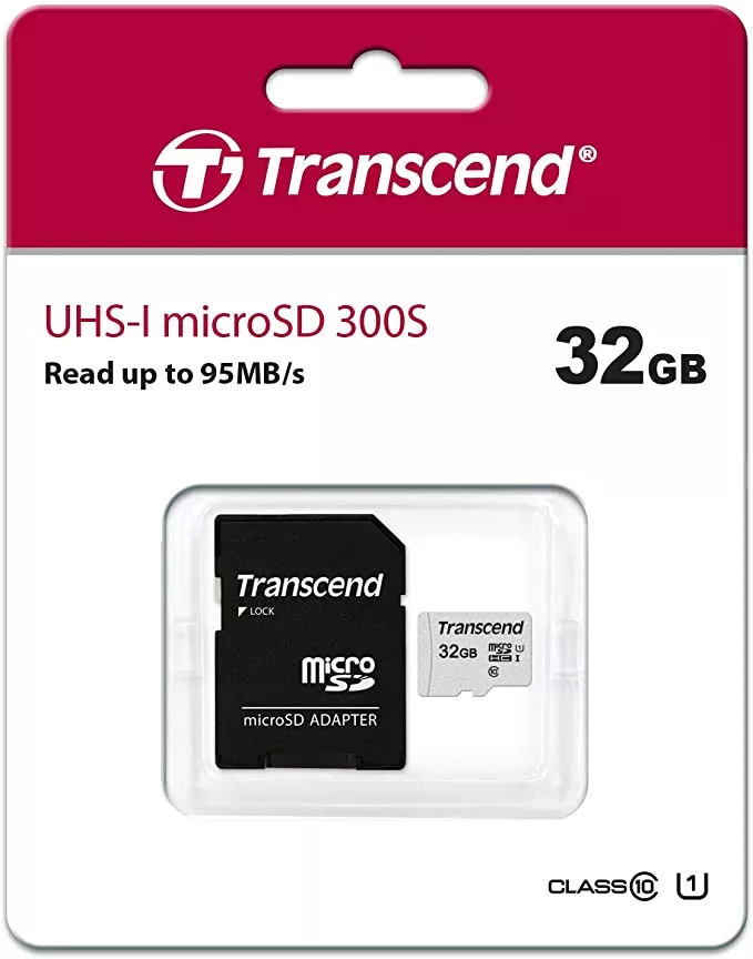 32Gb MicroSD (Class 10) UHS-I (U1) +SD adapter, Transcend "TS32GUSD300S-A" (R/W:95/45MB/s)