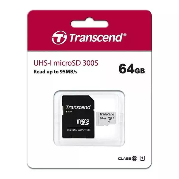 64Gb MicroSD (Class 10) UHS-I (U1) +SD adapter, Transcend "TS64GUSD300S-A" (R/W:95/45MB/s)