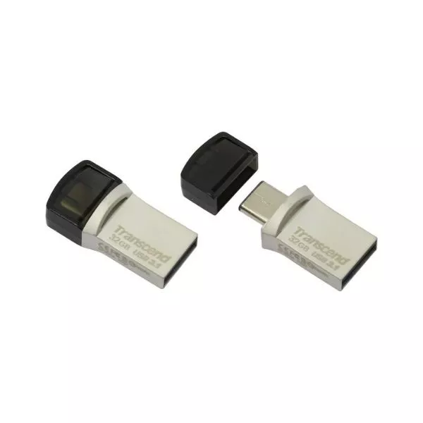32GB USB3.1/Type-C Flash Drive Transcend "JetFlash 890", Silver, Metal Case, OTG (R/W:90/25MB/s)