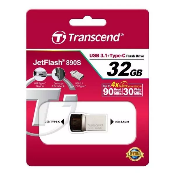 32GB USB3.1/Type-C Flash Drive Transcend "JetFlash 890", Silver, Metal Case, OTG (R/W:90/25MB/s)
