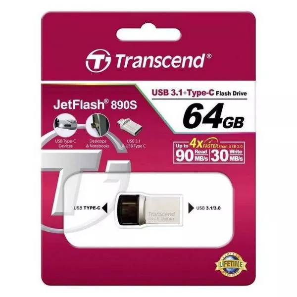 64GB USB3.1/Type-C Flash Drive Transcend "JetFlash 890", Silver, Metal Case, OTG (R/W:90/30MB/s)