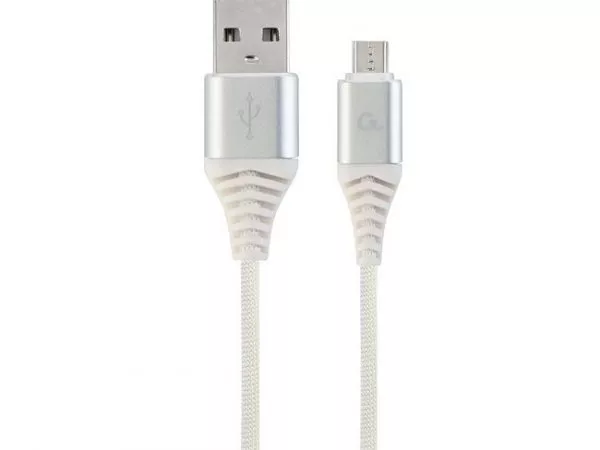 Blister MicroUSB/USB2.0,  2.0 m, Cablexpert Cotton Braided Silver/White, CC-USB2B-AMmBM-2M-BW2