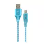 Blister MicroUSB/USB2.0,  2.0 m, Cablexpert Cotton Braided Turquoise blue/White,CC-USB2B-AMmBM-2M-VW