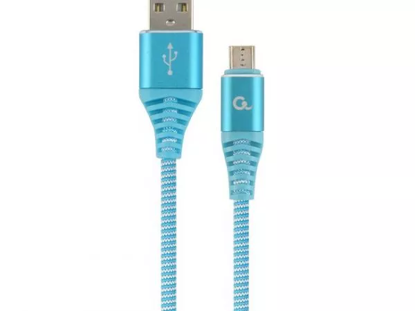 Blister MicroUSB/USB2.0,  2.0 m, Cablexpert Cotton Braided Turquoise blue/White,CC-USB2B-AMmBM-2M-VW