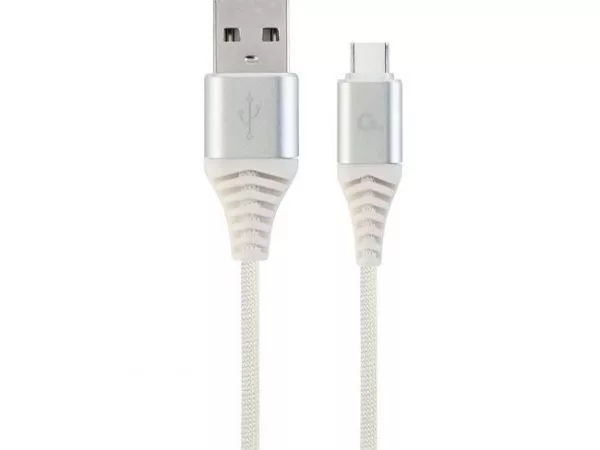 Blister Type-C/USB2.0, AM/CM,  1.0 m, Cablexpert Cotton Braided Silver/White, CC-USB2B-AMCM-1M-BW2