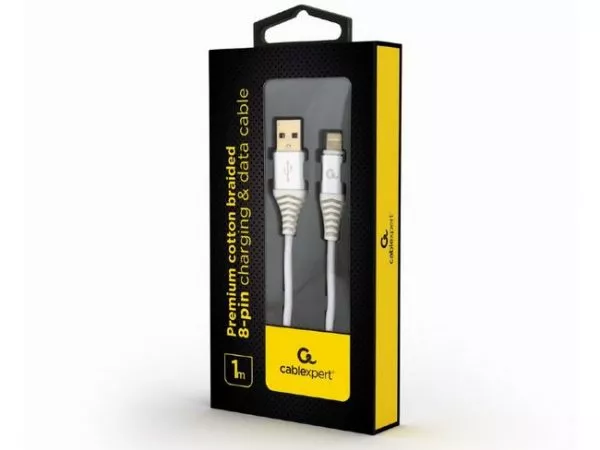 Blister Lightning 8-pin/USB2.0,  1.0m Cablexpert Cotton Braided Silver/Wnite, CC-USB2B-AMLM-1M-BW2
