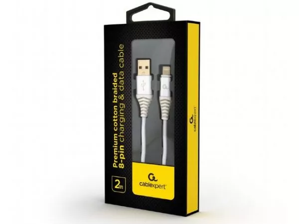 Blister Lightning 8-pin/USB2.0,  2.0m Cablexpert Cotton Braided Silver/Wnite, CC-USB2B-AMLM-2M-BW2