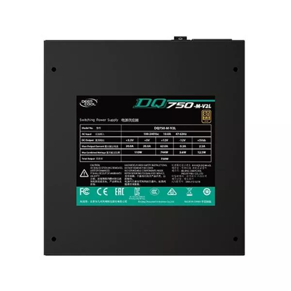 PSU DEEPCOOL "DQ750-M-V2L", 750W, ATX 12V V2.4, 80 PLUS® Gold, Active PFC, Full Modular ,120mm , Full bridge PFC + LLC Resonant converter, +12V (62A),