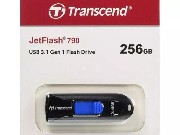 256GB  USB3.1 Flash Drive Transcend "JetFlash  790", Black-Blue, Slider (R/W:90/40MB/s)