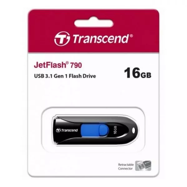 16GB USB3.1 Flash Drive Transcend "JetFlash  790", Black, Slider (R/W:90/20MB/s)