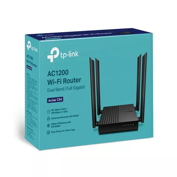Wi-Fi AC Dual Band TP-LINK Router, "Archer C64", 1200Mbps, Gbit Ports, MU-MIMO