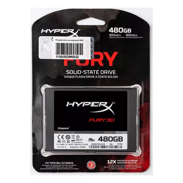 2.5" SSD  480GB  Kingston HyperX FURY 3D, SATAIII, Sequential Reads: 500 MB/s, Sequential Writes: 500 MB/s, Max Random 4k: Read: 84,000 IOPS / Write: